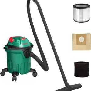 HYCHIKA Aspirateur eau et poussière 3 en 1, filtre plat plissé, cartouche filtrante amovible, nettoyage automatique du filtre, 1000 W, réservoir d'eau en plastique, 12 L, tuyau